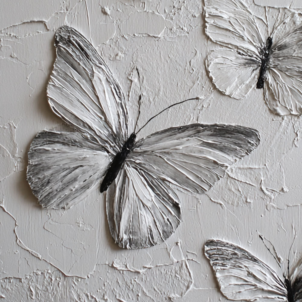 Sophisticated Black and White Textured Butterfly Wall Art, Thick Impasto Relief Minimalist Nature-Inspired Animal Decor for Living Room, Bedroom, Office, Dining Room, and Hallway – Modern Monochrome Canvas Accent Piece