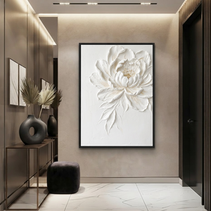 White Beige Gold Textured 3D Relief Vertical Flower Wall Art for Bedroom