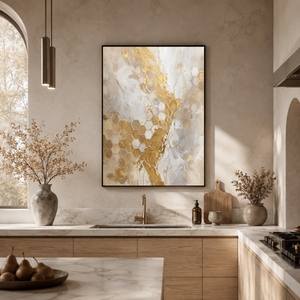 Abstract Teal Blue Ocean Wave Textured Wall Art with Gold Foil Accents, Modern White and Light Grey Coastal Seascape Painting for Contemporary Home Decor, Large Vertical Framed Canvas Artwork