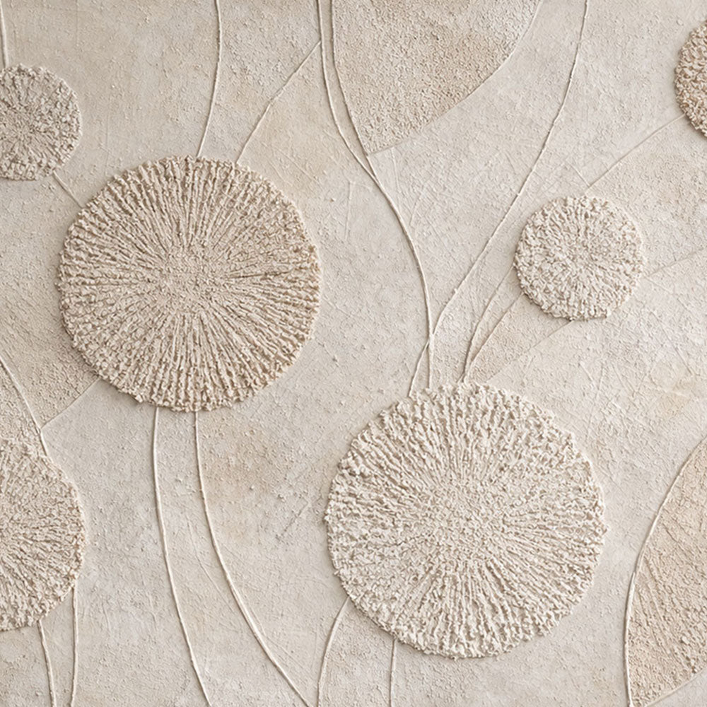 Minimalist Textured Beige White Abstract Floral Circular Lines Plaster Wall Art for Modern Neutral Living Room Bedroom Hallway Office Dining Room Interiors