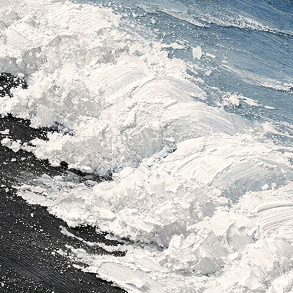 Black Sand Beach Ocean Wave Textured Coastal Landscape Wall Art Abstract Thick Paint Impasto Framed Artwork for Living Room Bedroom