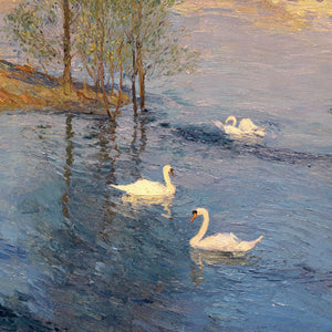 Vintage Blue Lake Swan Sunset Painting | Hand-Painted Impasto Canvas