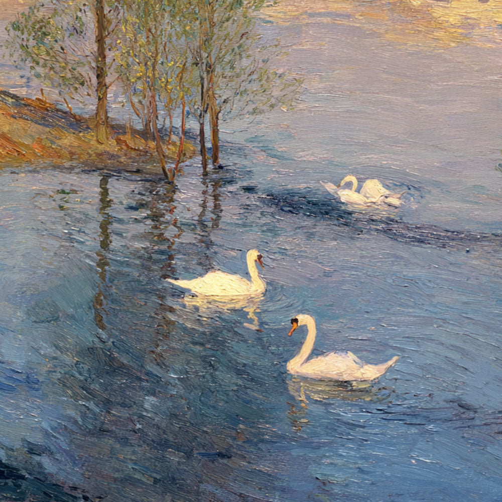 Vintage Blue Lake Swan Sunset Painting | Hand-Painted Impasto Canvas