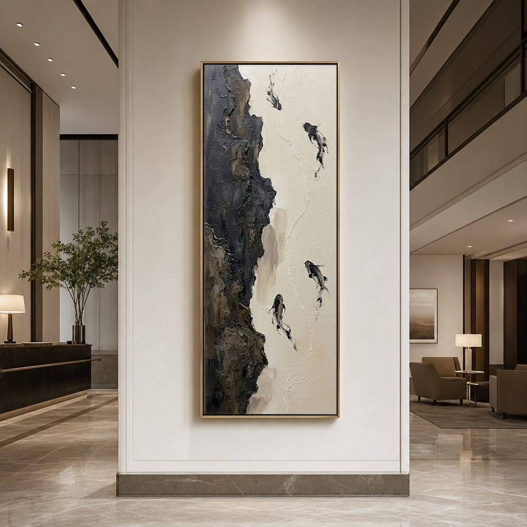 Abstract Black White Brown Beige Koi Fish Impasto Textured Vertical Wall Art Minimalist Nature-Inspired Framed Canvas, Perfect for Modern Home Office Living Room Bedroom Hallway Dining Room Decor