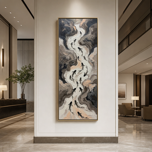 Abstract Koi Fish Stream Vertical Wall Art Textured Impasto Neutral Beige Brown Grey Black Modern Minimalist Canvas for Office Hallway Living Room Bedroom Dining Room