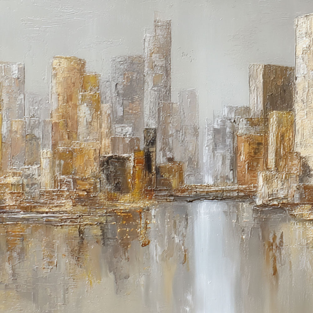 Abstract Modern Urban Cityscape Skyline Wall Art Gold and Grey Textured Panoramic Canvas Painting with River Reflection Elegant Minimalist Decor for Living Room Office Hallway Bedroom Dining Room
