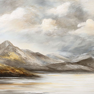 Large Framed Neutral Mountain Lake Landscape Wall Art Cloudy Sky Nature Scenery Canvas Textured Abstracted Earthy Tones Wall Decor for Modern Living Room Bedroom Dining Room Office Hallway