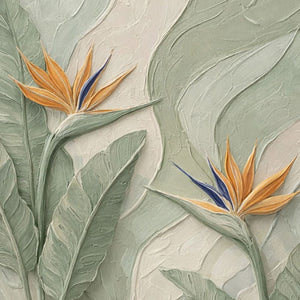 3D Bird of Paradise Flower Textured Plaster Wall Art, Tropical Green and Orange Relief Painting, Modern Nature Inspired Wall Decor for Living Room Bedroom Office Dining Hallway, Muted Neutral Base with Bold Tropical Accents