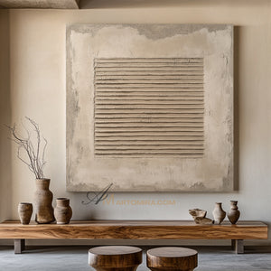 Wabi-Sabi Minimalist Beige Textured Striped Painting | Modern Geometric Line Canvas | Rustic Abstract Wall Art | Minimal Home Decor