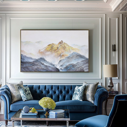 Abstract Landscape Art | Blue And Gold Wall Art | Mountains Painting | Paintings For Living Room #DF014