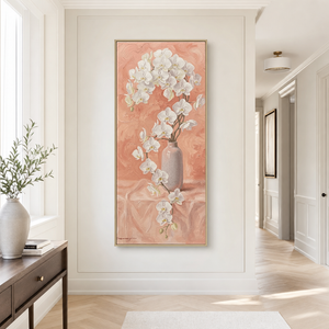 Elegant White Orchid Flower in Soft Light Grey Vase on Blush Pink Textured Background Framed Canvas Wall Art - Botanical Still Life Painting with Thick Impasto Brushstrokes for Modern Minimalist Living Room Bedroom Office Home Decor