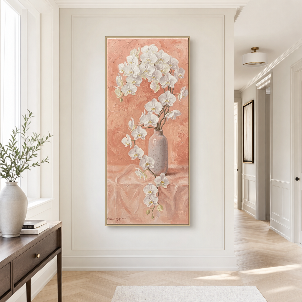 Elegant White Orchid Flower in Soft Light Grey Vase on Blush Pink Textured Background Framed Canvas Wall Art - Botanical Still Life Painting with Thick Impasto Brushstrokes for Modern Minimalist Living Room Bedroom Office Home Decor