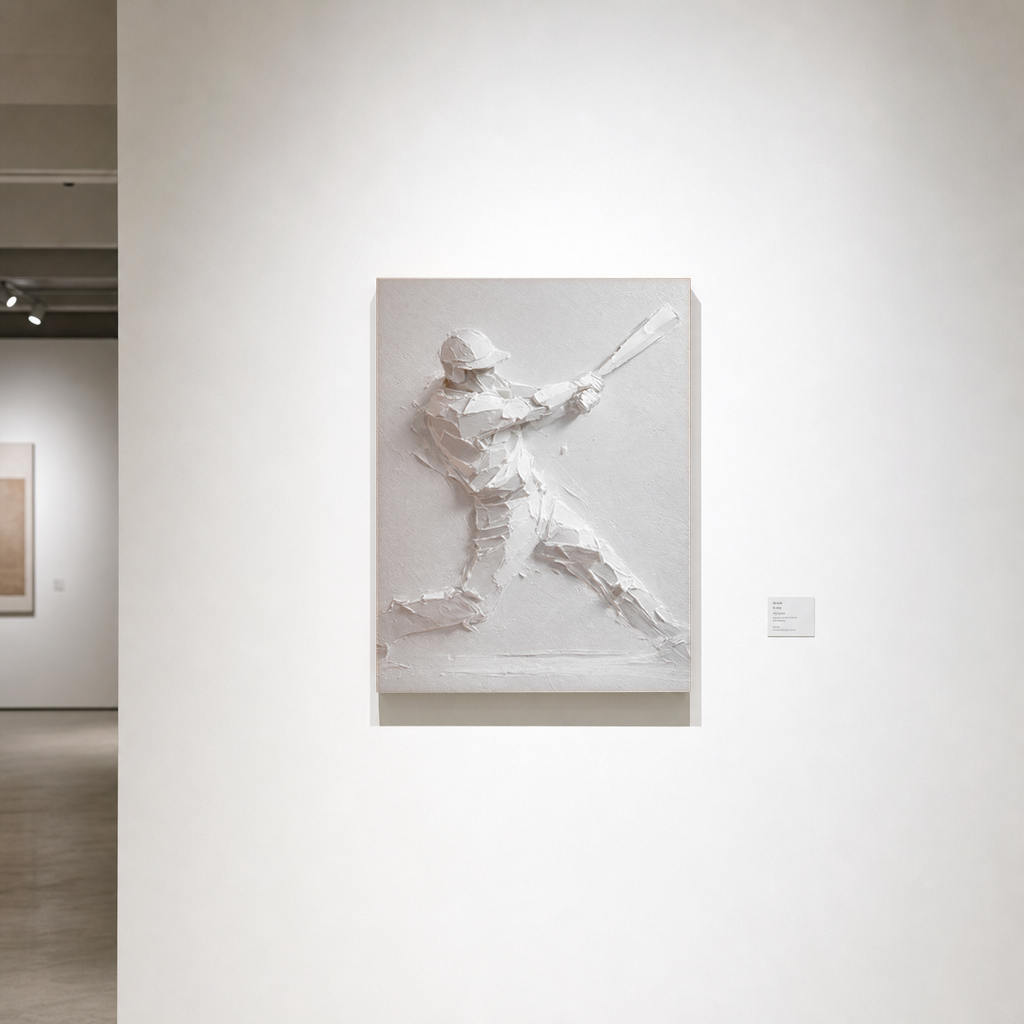Sport Baseball Player White Textured 3D Relief Plaster-style Vertical Wall Art for Living Room