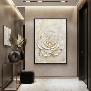 White and Gold Textured Rose Vertical Wall Art for Bedroom or Living Room