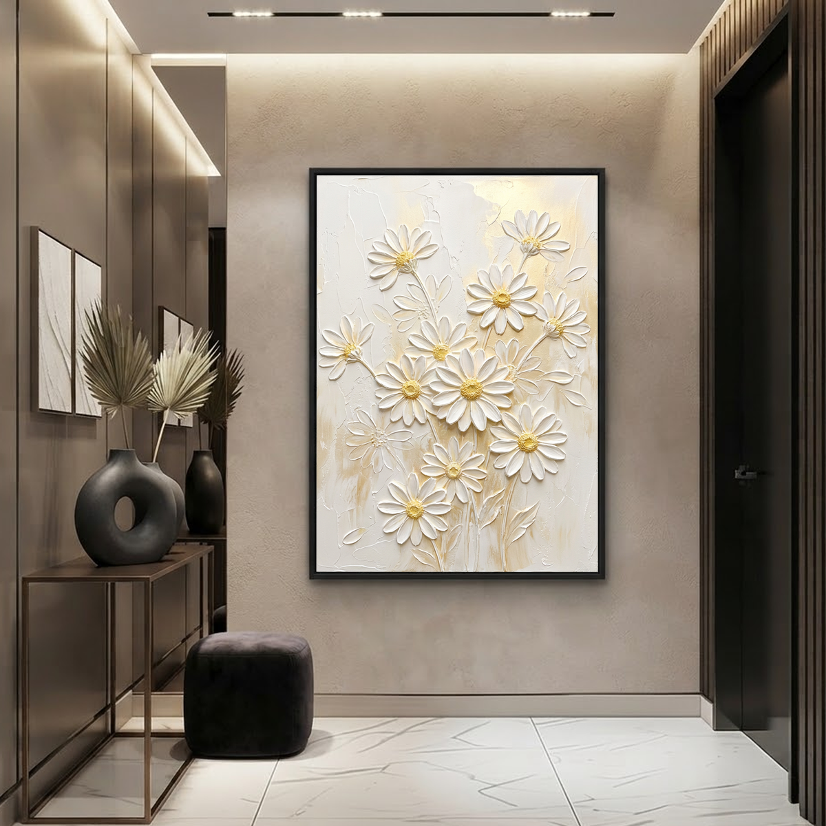 White and Gold Daisy Flower 3D Relief Textured Vertical Wall Art for Living Room