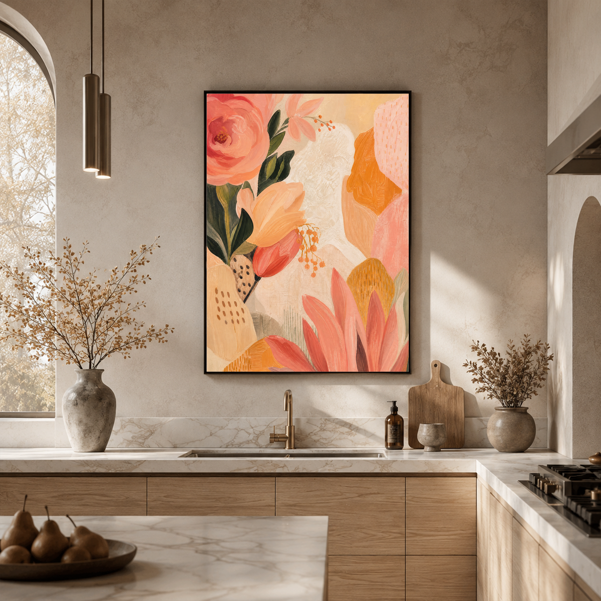 Warm Abstract Floral Wall Art with Peonies Tulips & Geometric Shapes Soft Pink Beige Orange Green Botanical Print for Modern Home Decor