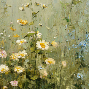 Vintage Wildflower Meadow Textured Impasto Wall Art, Soft Green Beige White Rustic Floral Landscape Painting, Nature Inspired Framed Artwork for Living Room Bedroom Dining Room Hallway Office