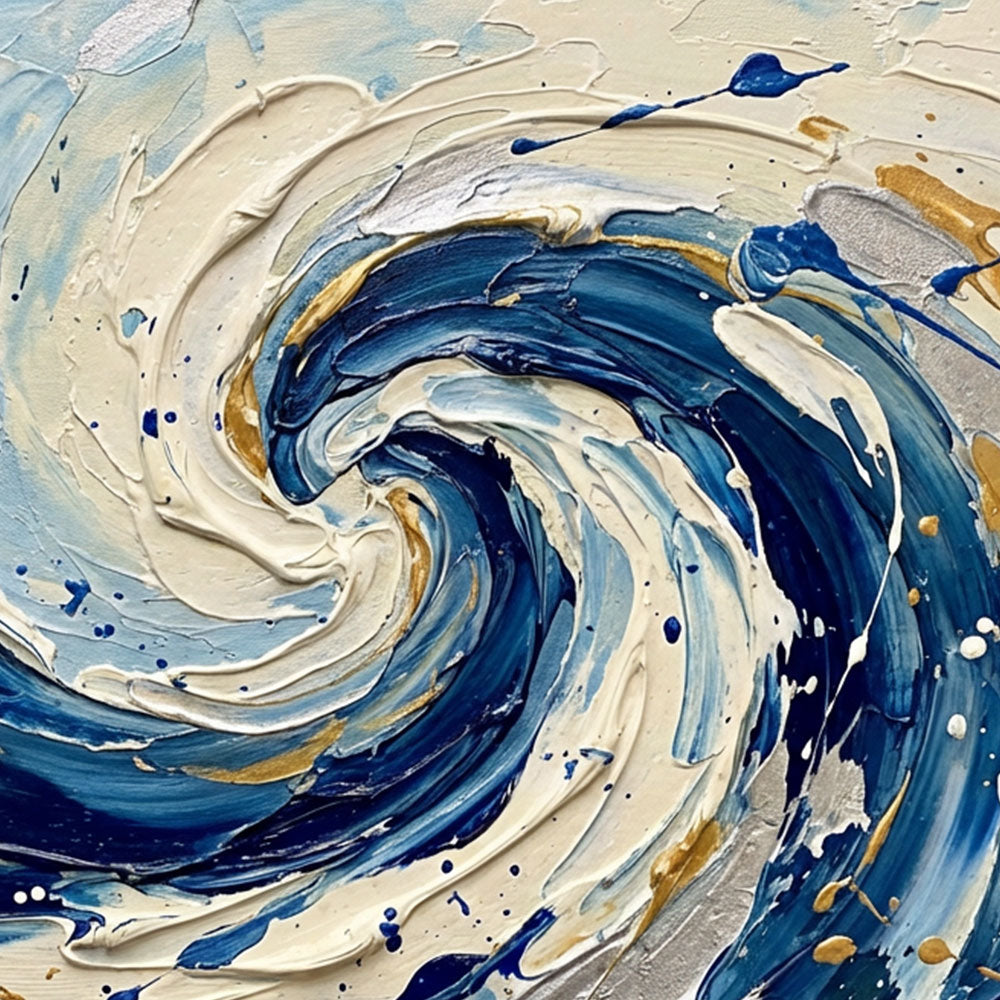 Blue White Gold Abstract Ocean Wave Swirl Thick Impasto Textured Canvas Wall Art Modern Coastal Living Room Bedroom Dining Room Office Hallway Decorative Artwork