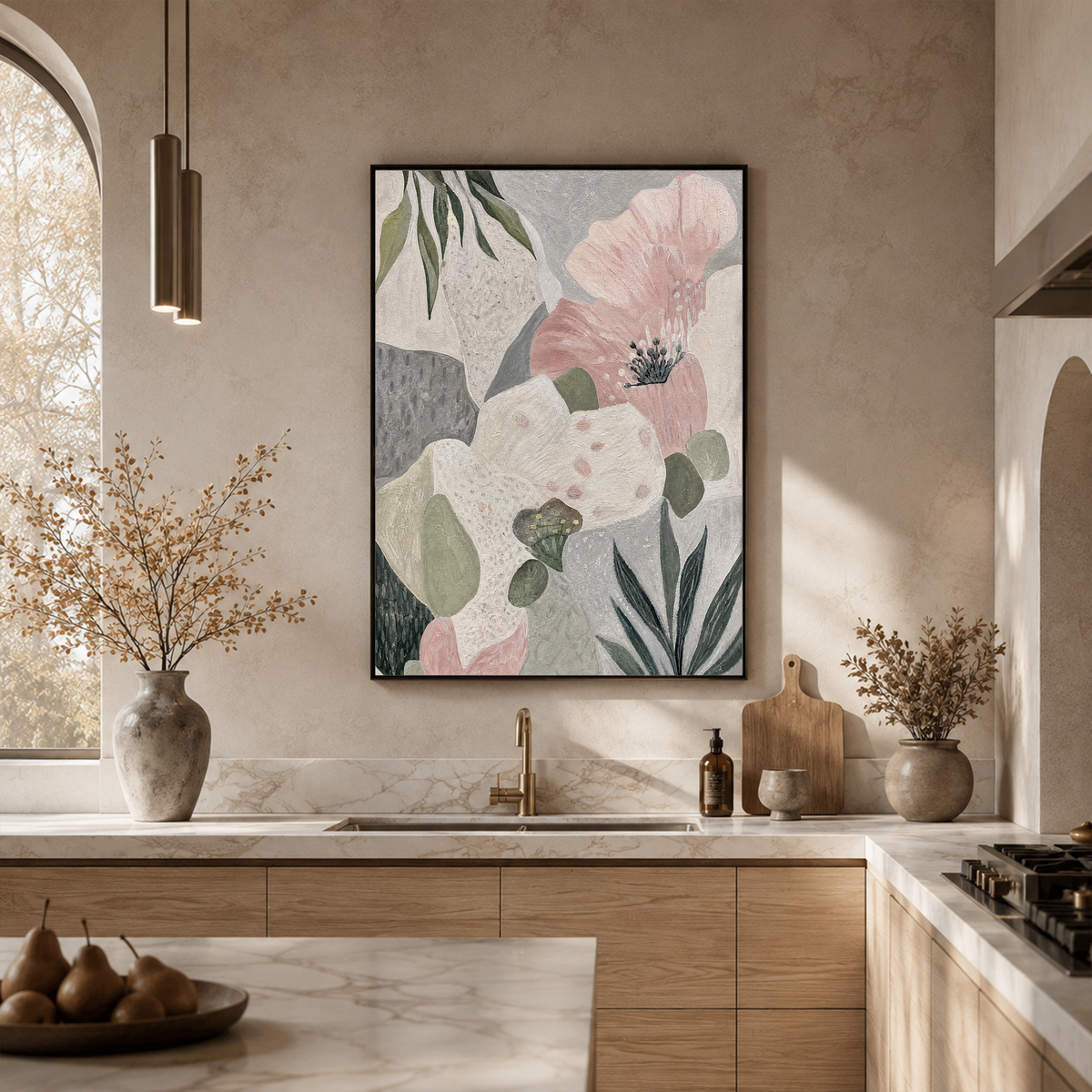 Serene Blush Bloom Abstract Impasto Painting in kitchen