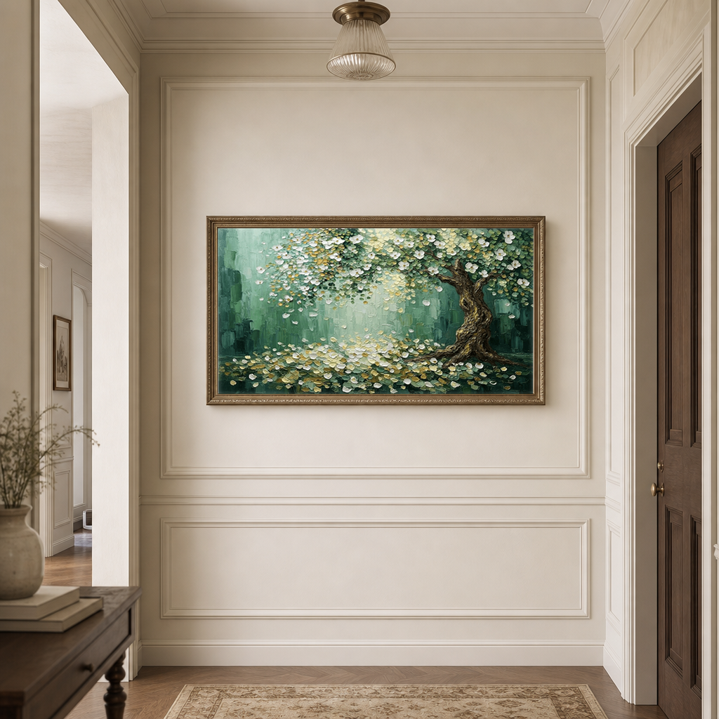 Thick Impasto Textured Flowering Tree Wall Art with Gold Accents, Nature-Inspired Green White Brown Palette Painting for Modern Home Decor, Bedroom Living Room Office Dining Hallway Mural, Canvas Artwork with Rustic Aged Details