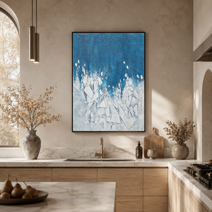 Abstract Geometry And Lines Blue White Textured Plaster-Style Vertical Wall Art For Living Room