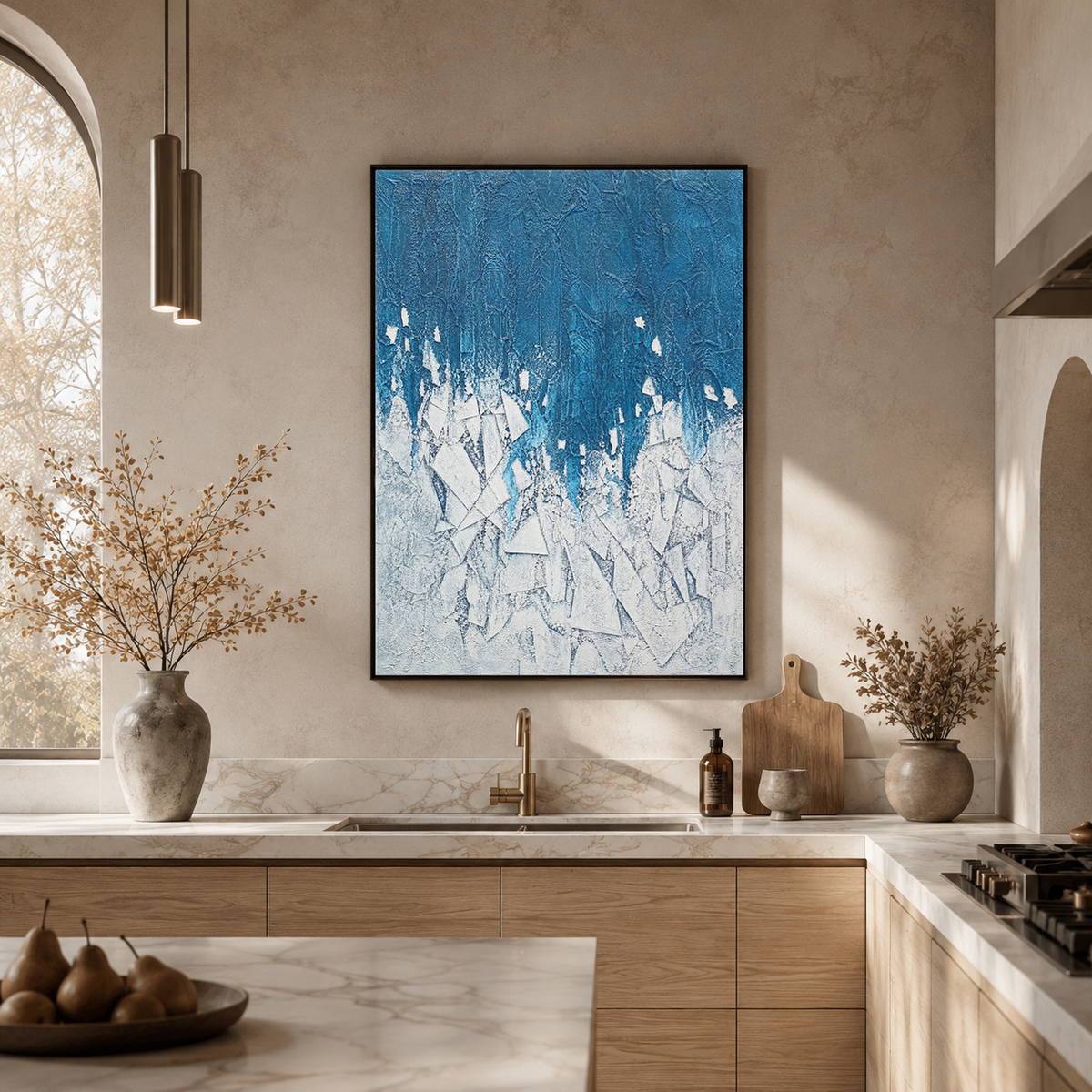 Abstract Geometry And Lines Blue White Textured Plaster-Style Vertical Wall Art For Living Room