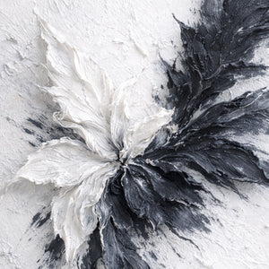 Black White Dark Grey Light Grey Impasto Textured Abstract Floral Leaf Wall Art for Living Room Office Bedroom Dining Room Hallway, Thick Knife Brush Paint Stacking, Modern Minimalist Contrast Monochrome Home Decor