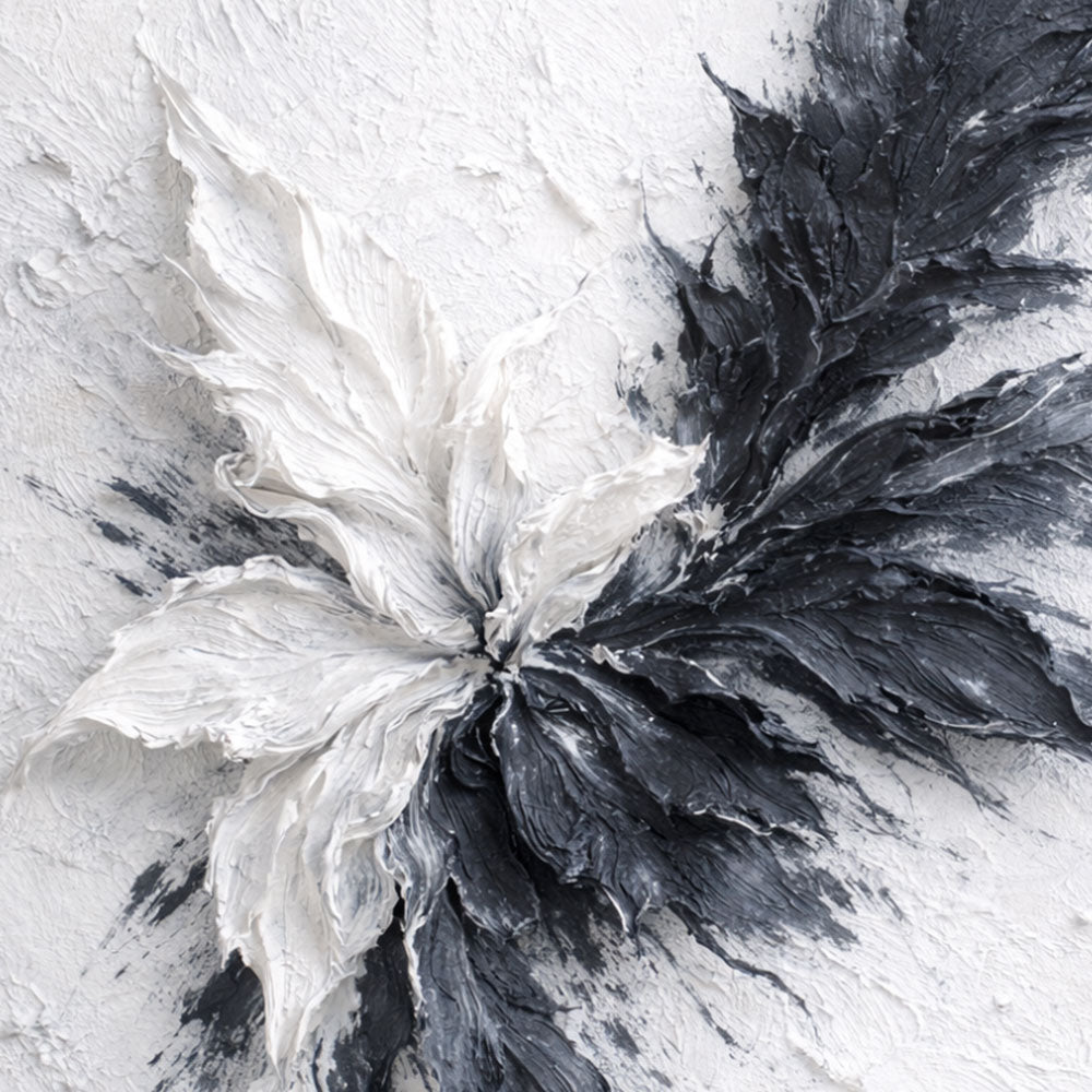 Black White Dark Grey Light Grey Impasto Textured Abstract Floral Leaf Wall Art for Living Room Office Bedroom Dining Room Hallway, Thick Knife Brush Paint Stacking, Modern Minimalist Contrast Monochrome Home Decor