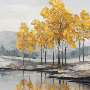 Golden Tree Reflection Landscape Wall Art Textured Impasto Framed Artwork Muted Grey White Lake Scene Wall Decor for Living Room Bedroom Office Dining Hallway