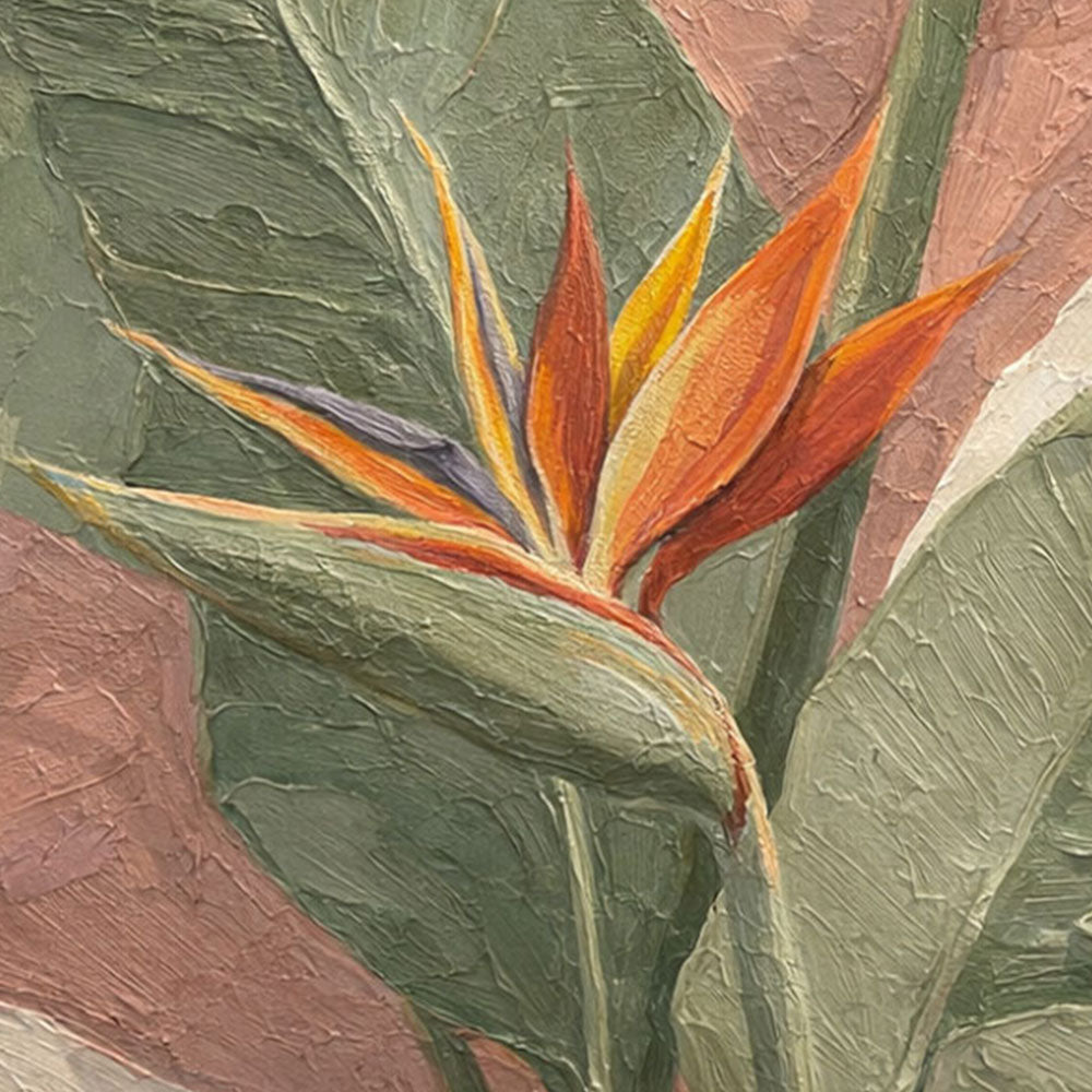 Tropical Bird of Paradise Flower Textured Wall Art, Soft Pink Green White Curved Background Modern Minimalist Botanical Canvas Print, Vibrant Orange Accent Framed Plant Painting for Home Decor