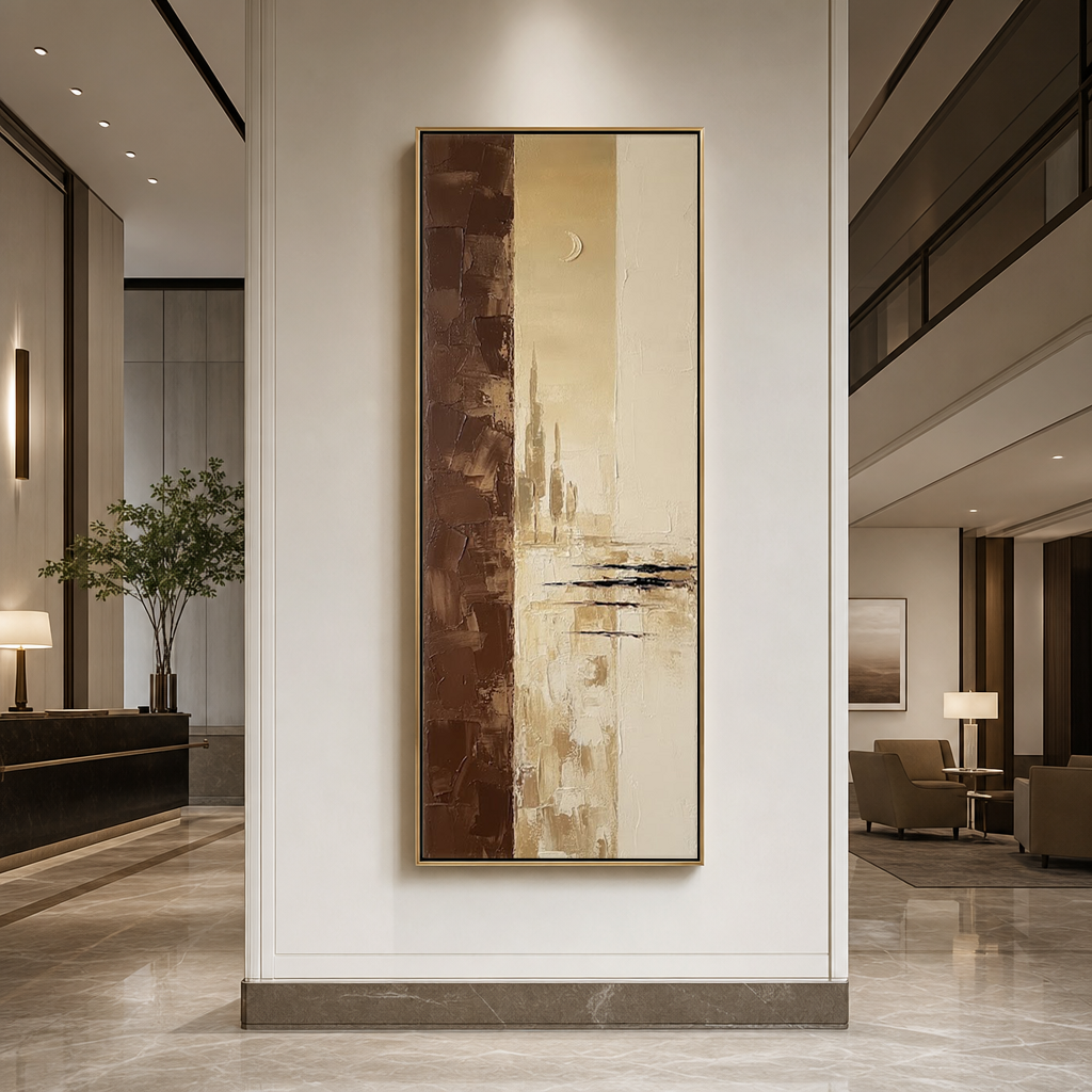 Minimalist Beige Brown Gold Abstract Textured Framed Canvas Wall Art, Vertical Large Size Modern Warm Earthy Tone Impasto Knife Painting for Living Room Bedroom Office Hallway Dining, Soft Moonlit Skyline Scene Artwork