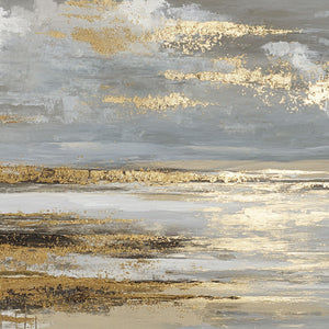 Elegant Abstract Grey and Gold Textured Ocean and Sky Landscape Framed Canvas Wall Art Modern Sophisticated Decor for Living Room Bedroom Office Hallway Dining Room Large Panoramic Artwork