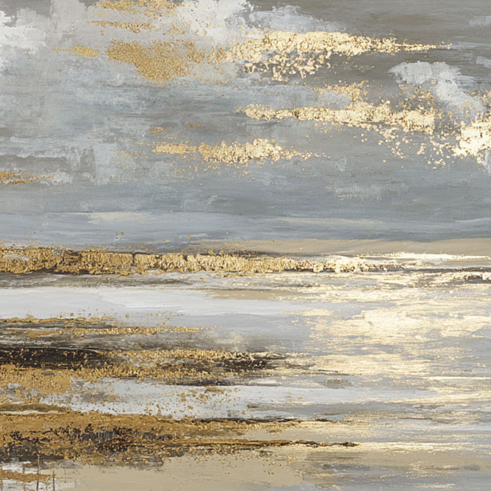 Elegant Abstract Grey and Gold Textured Ocean and Sky Landscape Framed Canvas Wall Art Modern Sophisticated Decor for Living Room Bedroom Office Hallway Dining Room Large Panoramic Artwork