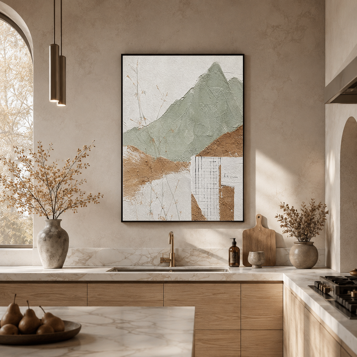 Abstract Sage Green Terracotta Off White Textured Acrylic-style Vertical Landscape Wall Art for Living Room