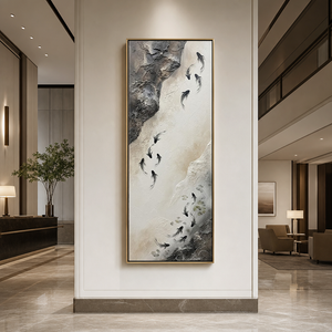 Minimalist Textured Koi Fish Vertical Framed Wall Art, Neutral Black White Beige Dark Grey Swimming Fish Nature Inspired Artwork for Modern Home Decor