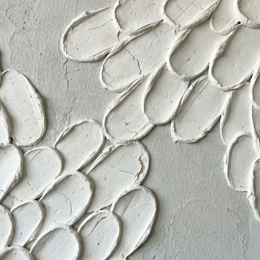 Minimalist Abstract Organic Textured Wall Art, Thick White Impasto Petal Scale Forms on Soft Light Grey Canvas Base, Modern Neutral Non-Representational Home Decor, 3D Brush Stroke Detail, Office, Living Room, Bedroom Decor