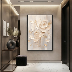 Flower and Tree Textured Beige Soft Gray Gold Acrylic-Style 3D Relief Vertical Wall Art for Living Room