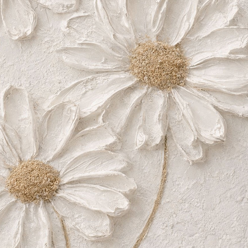 White Daisy 3D Textured Impasto Wall Art, Neutral Beige & White Floral Minimalist Artwork, Modern Farmhouse Plaster-Inspired Living Room Bedroom Decor