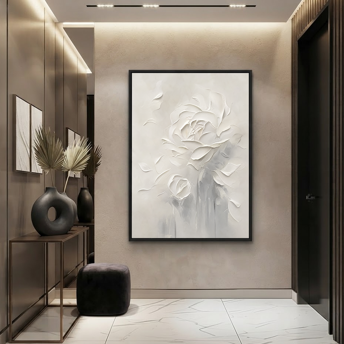 White And Soft Gray Textured Flower Vertical Acrylic-Style Wall Art for Living Room