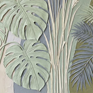 Elegant Tropical Botanical Textured 3D Relief Wall Art Featuring Monstera Palm Fronds Pampas Grass Muted Sage Olive Green Beige Medium Grey Curved Background Living Room Bedroom Dining Hallway Office Modern Nature Inspired Decor Piece