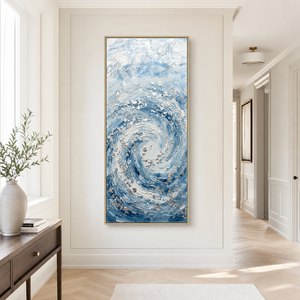 Modern Abstract Blue White Textured Ocean Swirl Impasto Wall Art Coastal Framed Canvas Painting for Living Room Bedroom Office Hallway Dining Room Thick Knife Brush Marks Relaxing Nautical Decor