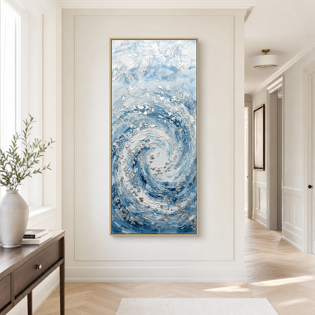 Modern Abstract Blue White Textured Ocean Swirl Impasto Wall Art Coastal Framed Canvas Painting for Living Room Bedroom Office Hallway Dining Room Thick Knife Brush Marks Relaxing Nautical Decor