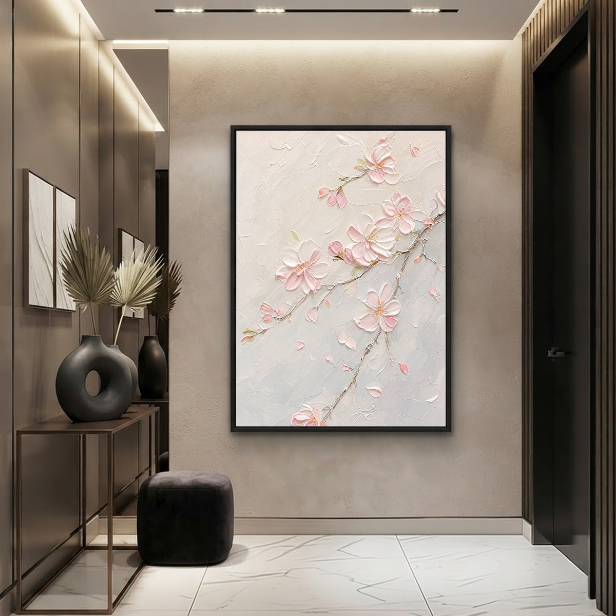 Flower and Tree Soft Pink Cream Light Gray Textured Contemporary Acrylic-style 3D Relief Vertical Wall Art for Living Room