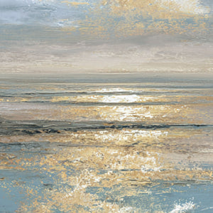 Abstract Textured Ocean and Sky Wall Art with Thick Impasto Brushstrokes, Serene Blue and Gold Seascape for Living Room Bedroom Dining Room Office Hallway, Vintage Coastal Landscape Artwork with Reflective Sunlight Waves