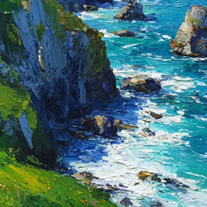 Vibrant Coastal Landscape Impasto Wall Art - Turquoise Deep Blue Ocean Lush Green Cliffs Wildflowers Rugged Rocks Bright Sky Textured Oil Painting Style Artwork for Home Decor