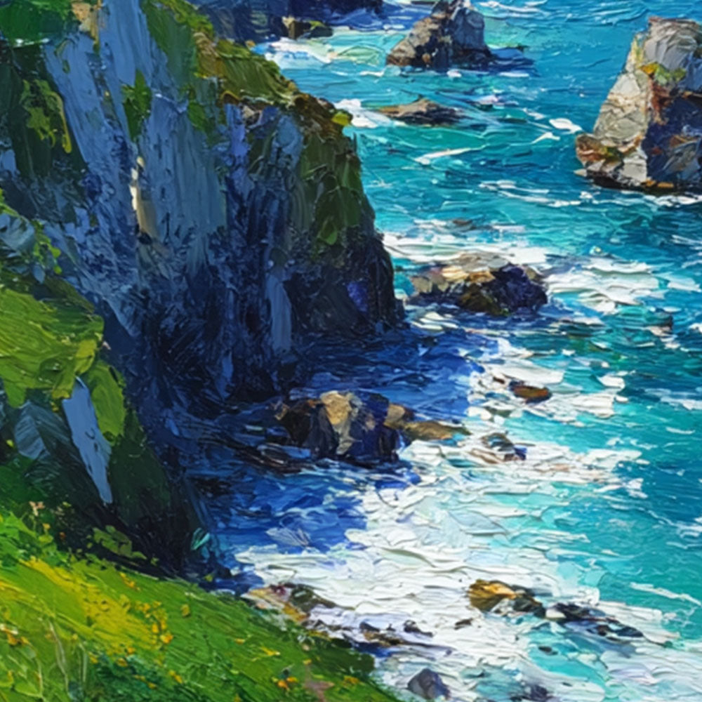 Vibrant Coastal Landscape Impasto Wall Art - Turquoise Deep Blue Ocean Lush Green Cliffs Wildflowers Rugged Rocks Bright Sky Textured Oil Painting Style Artwork for Home Decor