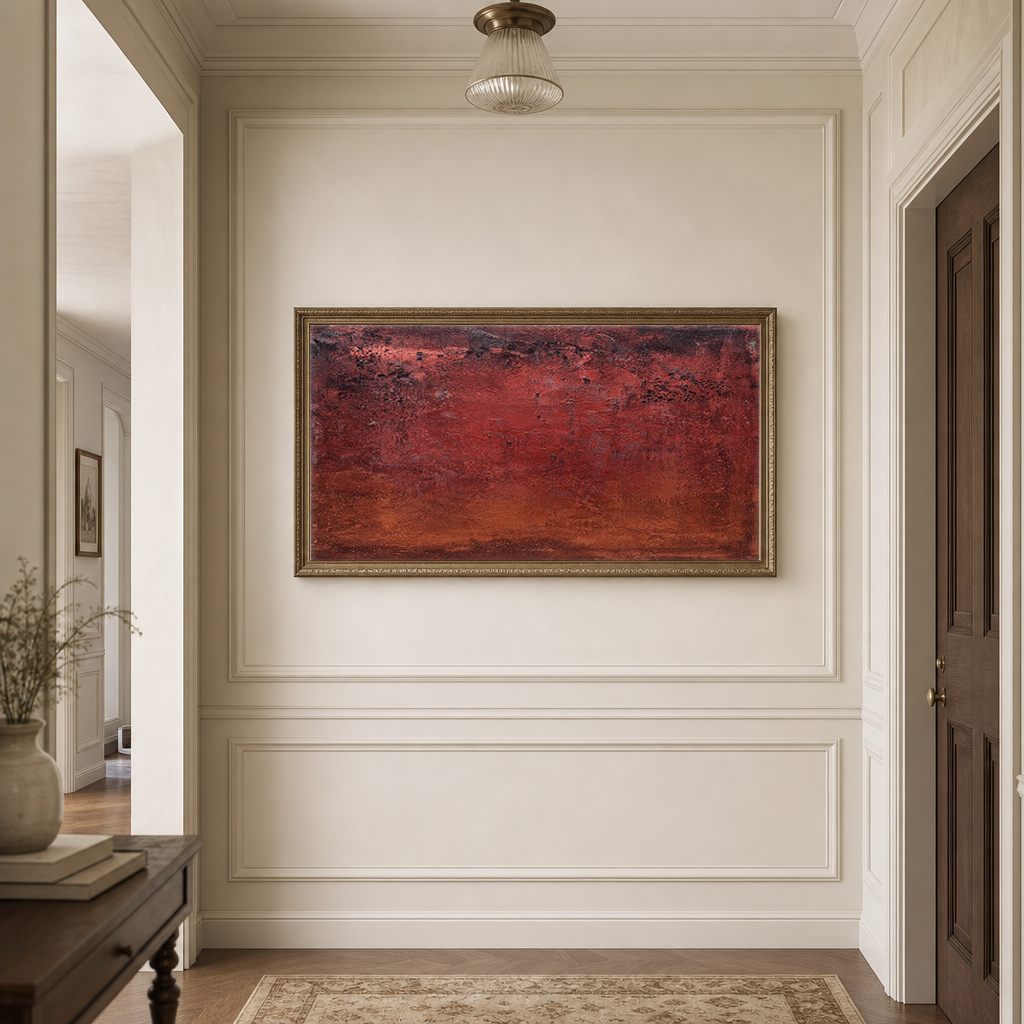 Deep Red Brown Dark Grey Abstract Textured Plaster Wall Art Rich Warm Toned Modern Decorative Artwork for Contemporary Living Spaces Bedroom Dining Room Office Hallway Interior Design