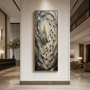 Monochrome Textured Swirling Black Beige Dark Grey Impasto Abstract Vertical Framed Wall Art with Silhouetted Fish School Motifs – Muted Elegant Decor for Contemporary Home or Office Spaces