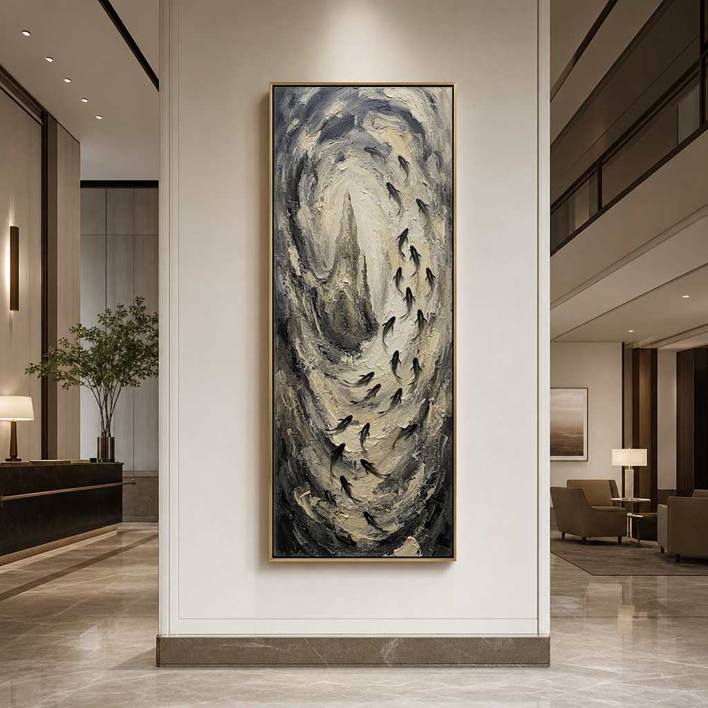 Monochrome Textured Swirling Black Beige Dark Grey Impasto Abstract Vertical Framed Wall Art with Silhouetted Fish School Motifs – Muted Elegant Decor for Contemporary Home or Office Spaces