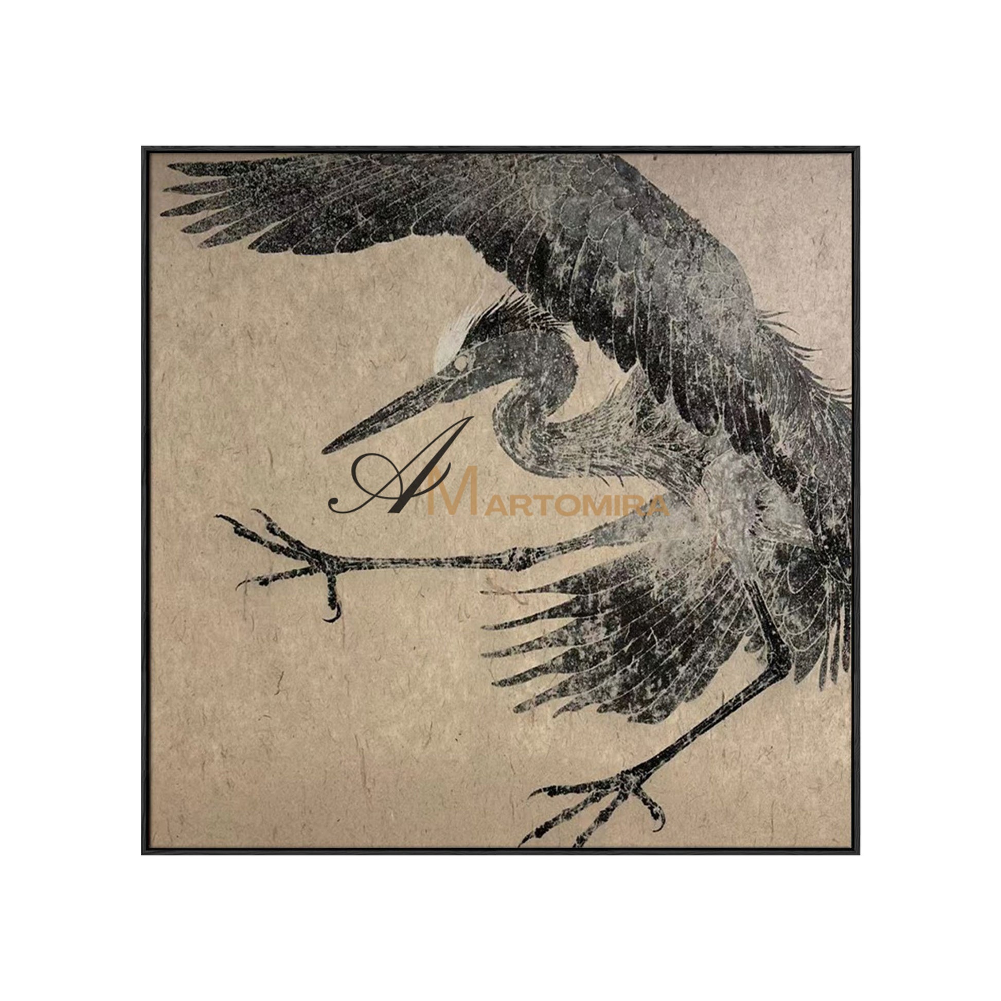 Bird Painting | Crane Painting | Canvas Wall Art For Living Room | Black And Brown Wall Art #MF073